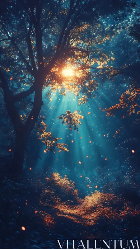 Volumetric sunbeams in bioluminescent twilight forest path.