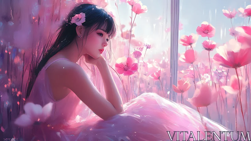 Dreamy girl adrift in a glowing meadow of pink echoes.