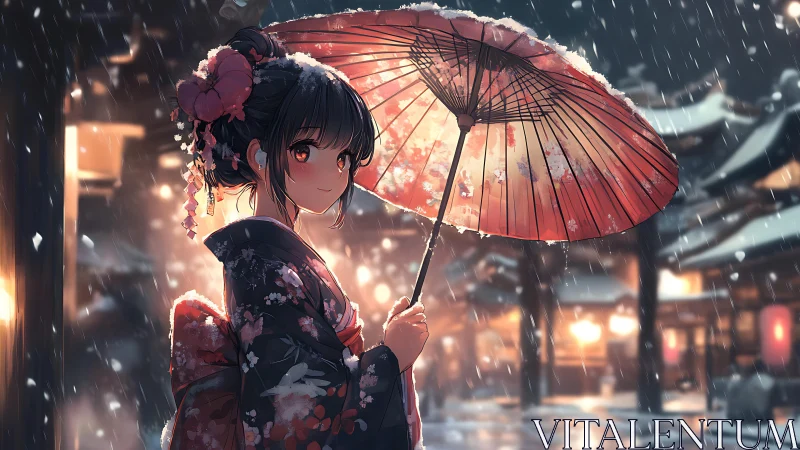 Girl in floral kimono under red umbrella in snowfall.