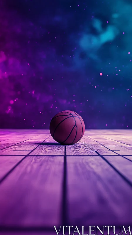 Neon basketball rests on glowing court under cosmic sky.