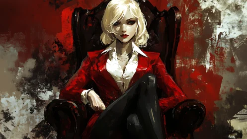 Blonde woman in red jacket seated in dark armchair.