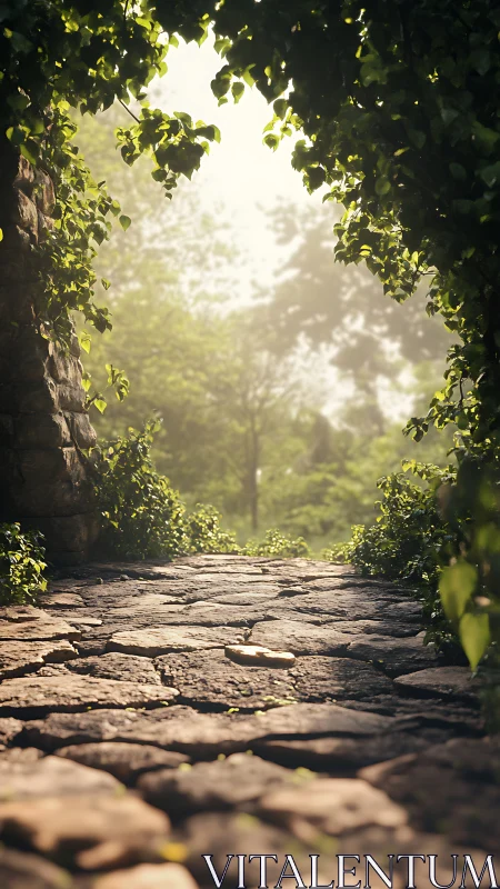 Stone Archway Framed by Verdant Foliage and Diffused Daylight