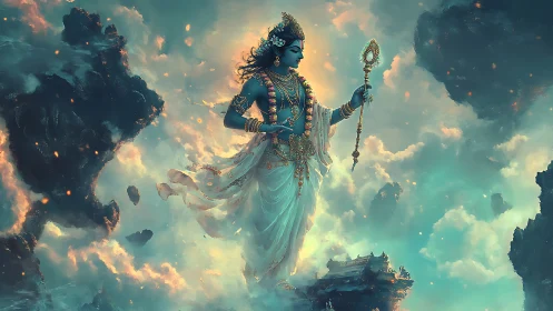 Celestial blue deity strolling through glowing cloud realms.