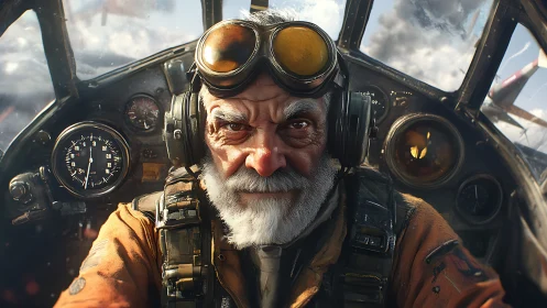 Storm-eyed veteran pilot grins inside weather-beaten cockpit.
