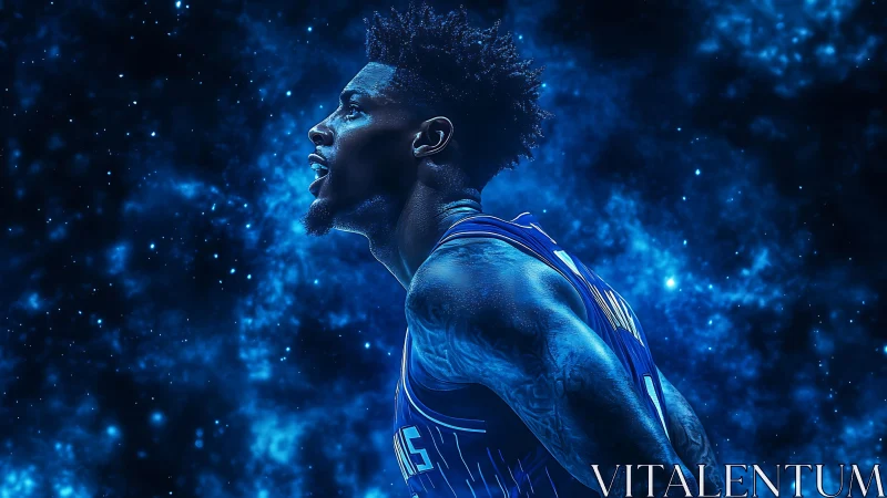 Basketball player ascends through glowing cosmic blue haze