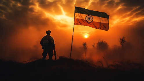 Indian soldier silhouette beside flag at intense sunset.