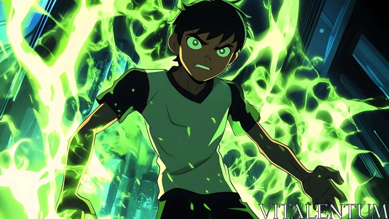 Teen boy surrounded by green energy in urban setting.