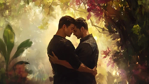 Intimate Embrace Beneath Luminous Foliage and Ethereal Golden Light