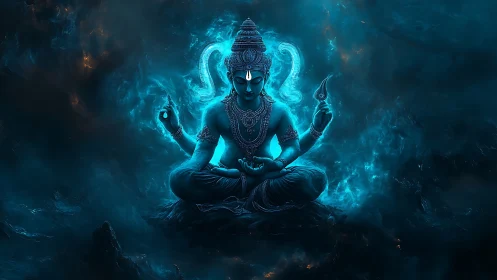 Mystical blue deity rests in calm meditation among swirling light