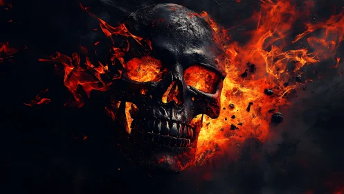 Skull of embers rising from swirling midnight firestorm.