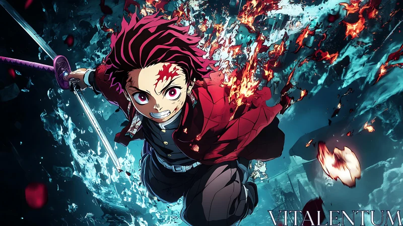 Dynamic anime swordsman lunging through icy inferno shards