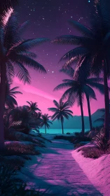Neon Tropical Beach Scene with Palm Trees and Starlit Sky