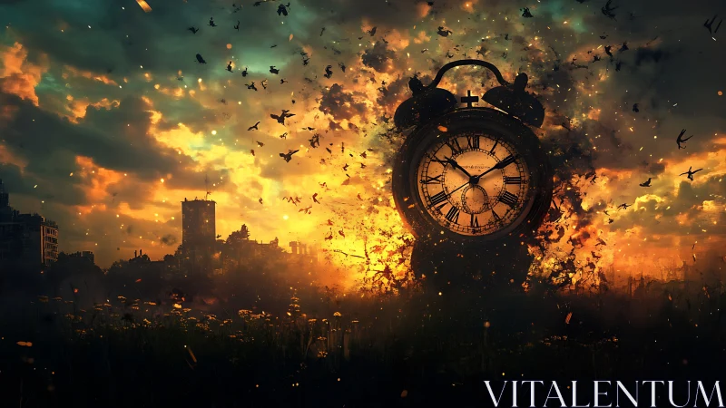Shimmering sunset sky cradles a towering clock of burning time