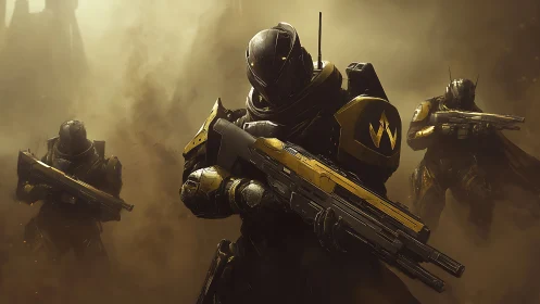 Armored sci fi soldiers advance through golden dust storm.