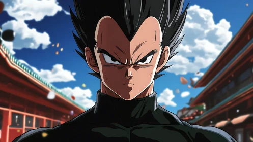 Anime warrior portrait stands centered in bright courtyard