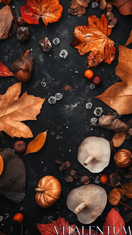 Moody autumn feast of leaves, mushrooms and tiny pumpkins.