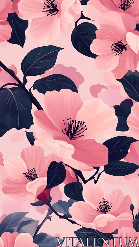Pink Floral Pattern with Dark Navy Botanical Elements.