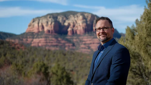 Professional portrait with shallow depth of field in red rock landscape