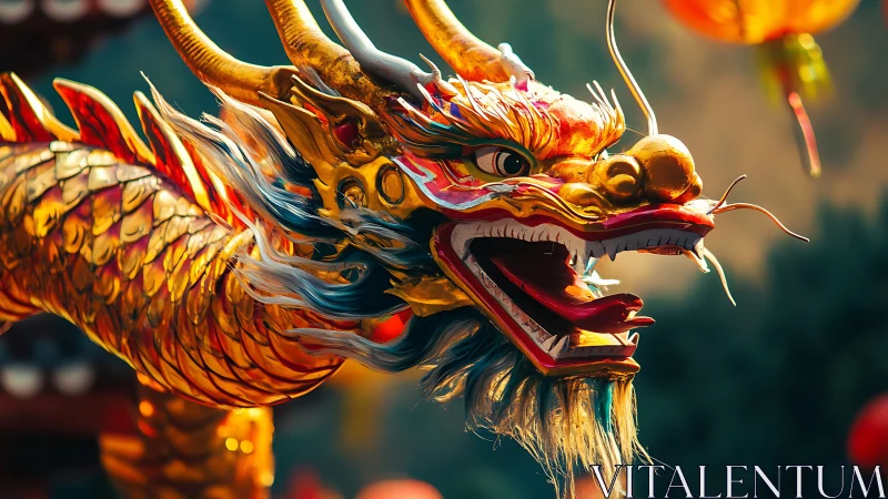 Golden dragon sculpture head rendered with high realism