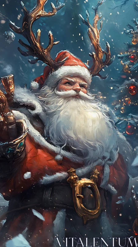 Regal winter Santa with antlers in dynamic digital snow scene.