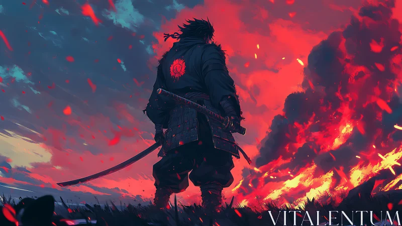 Backlit samurai silhouette against eruptive chromatic firestorm.