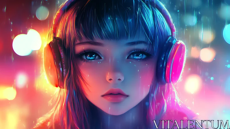 Neon rain drapes a headphone dreamer in luminous hush.