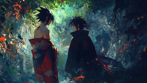 Quiet anime forest meeting wrapped in swirling color and light.