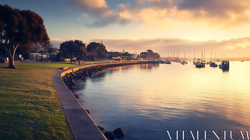 Curved waterfront promenade with moored boats at sunrise.