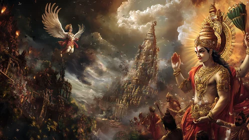 Divine battlefront ignites beneath storm-wreathed celestial towers.