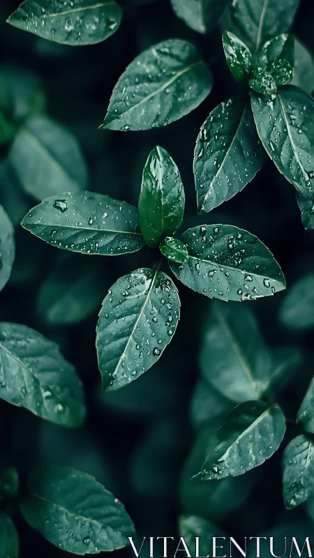 Rainkissed emerald leaves in a twilight garden hush.