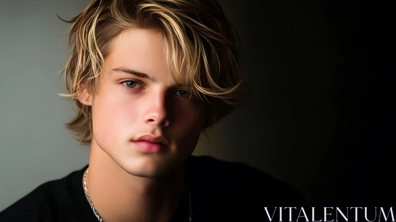 Soft light lingers on the thoughtful gaze of a blond youth