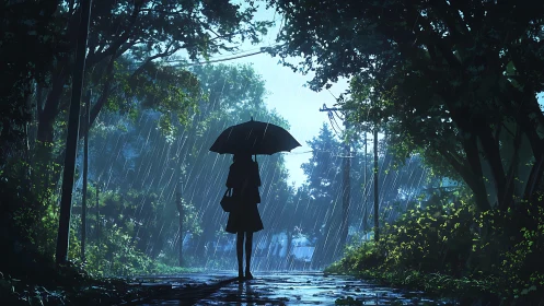 Anime rainscape with silhouetted figure under umbrella at dusk.
