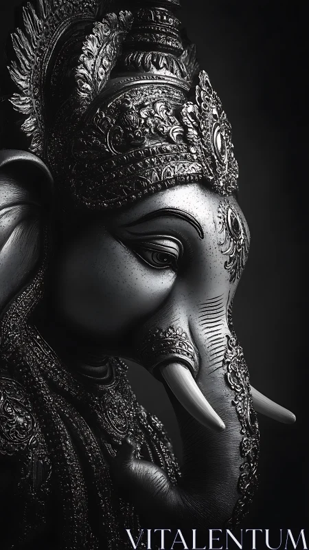 Monochrome Ganesha sculpture with ornate ceremonial armor.