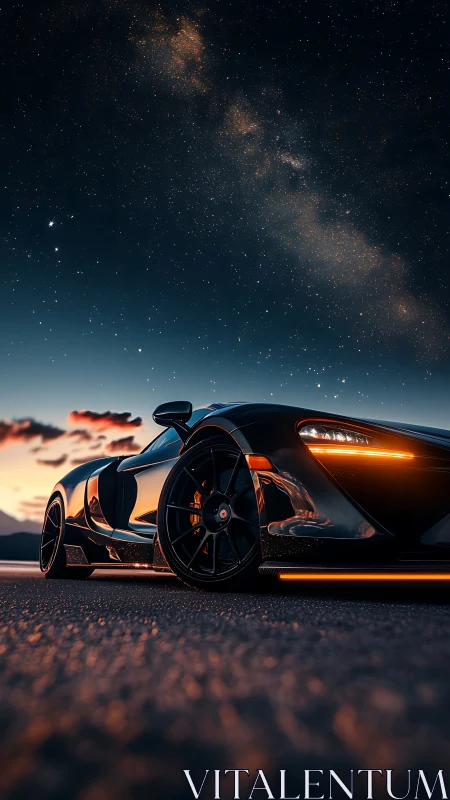 Midnight hypercar prowls beneath a glittering galactic sky.