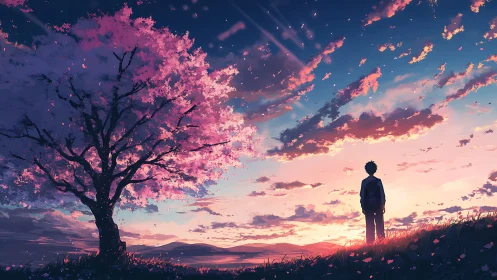 Solitary youth under luminous sakura at cinematic sunset.