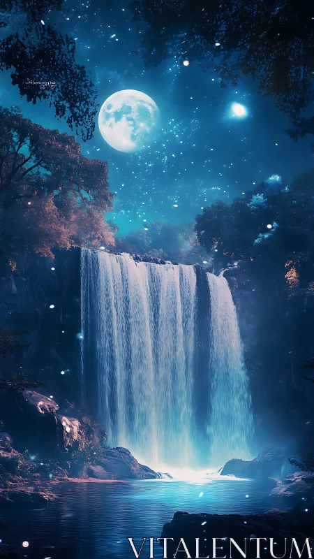 Moonlit waterfall dreamscape under a glowing night sky.
