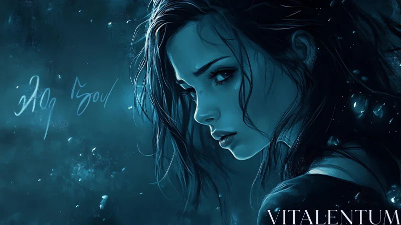 Moody blue portrait of pensive woman in digital glow.