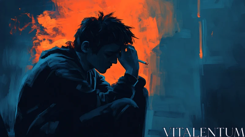 Chromatic tension study of pensive smoker in chiaroscuro glow.