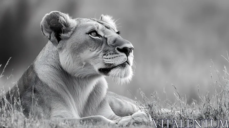 Quiet strength in monochrome lioness watching the plains.