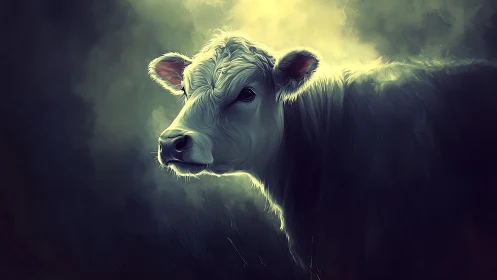 Backlit white calf rendered in dramatic luminous digital painting