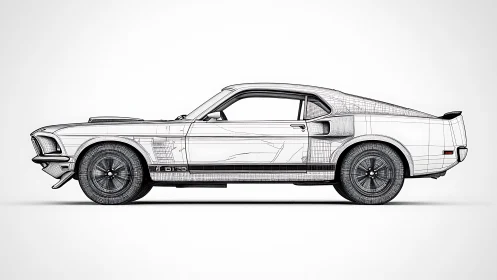 Side profile line drawing of classic fastback muscle car.