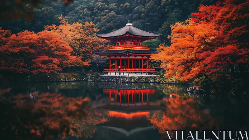 Japanese lakeside pavilion amid dense autumn foliage reflection.