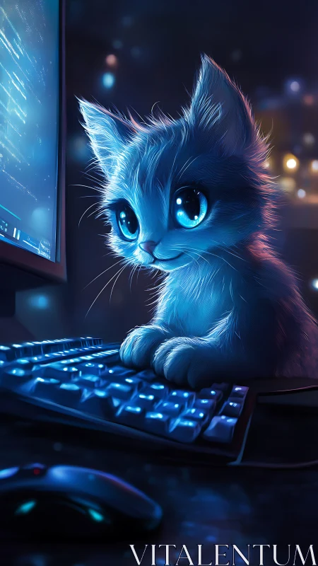 Digital Felid With Luminous Features at Workstation Interface