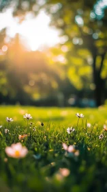Spring wildflowers in grass with soft backlit glow.