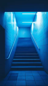 Neon blue subway stairwell under stark fluorescent glow.