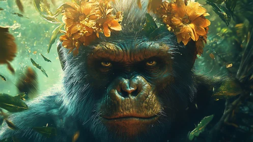 Jungle monarch ape crowned in blazing sunflower defiance.