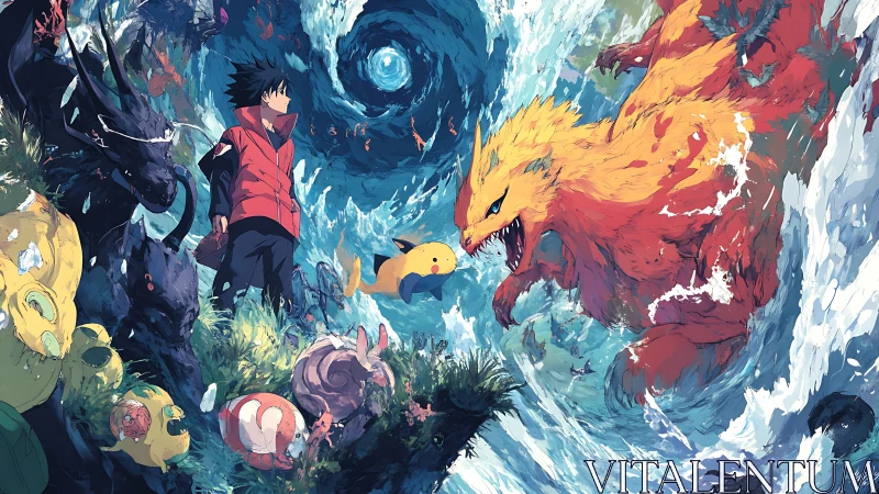 Trainer observing elemental creatures in turbulent vortex scene.