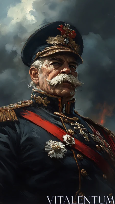 Storm-lit marshall in gilded uniform beneath brooding skies.