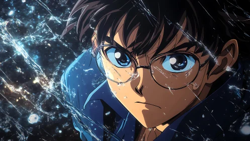 Determined anime boy with glasses behind cracked glass.