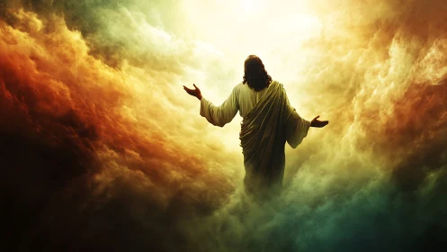 Radiant robed figure welcomes light amid swirling clouds